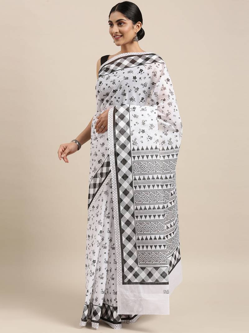 white pure cotton printed saree with blouse