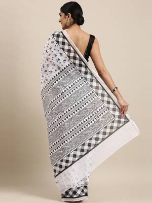 white pure cotton printed saree with blouse 3