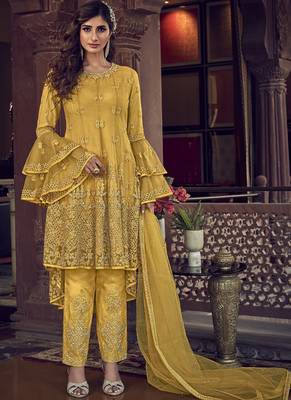 Yellow embroidered net salwar 1
