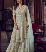 Turquoise embroidered net salwar
