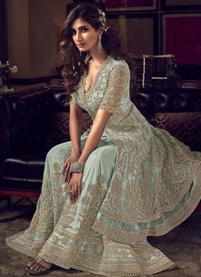Turquoise embroidered net salwar 2