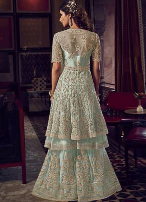 Turquoise embroidered net salwar 3