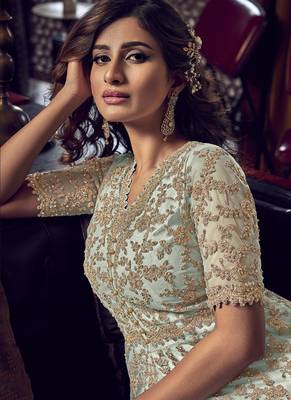 Turquoise embroidered net salwar 4