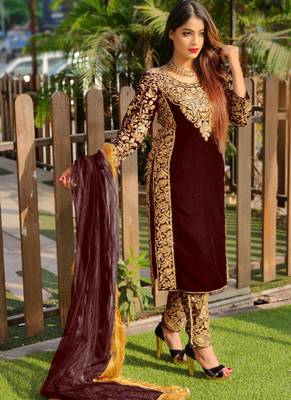 Coffee embroidered velvet salwar 1