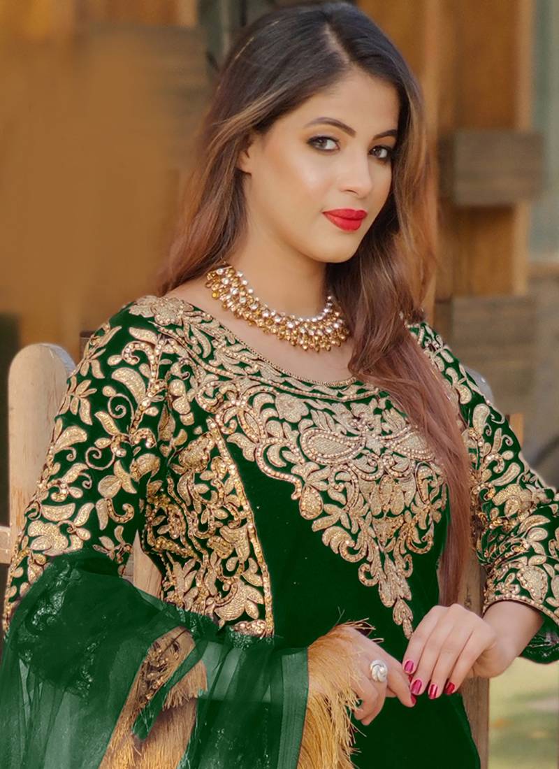 Dark-green embroidered velvet salwar - Khushi Creation - 3628246
