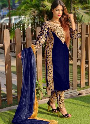 Royal-blue embroidered velvet salwar 1