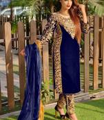 Royal-blue embroidered velvet salwar