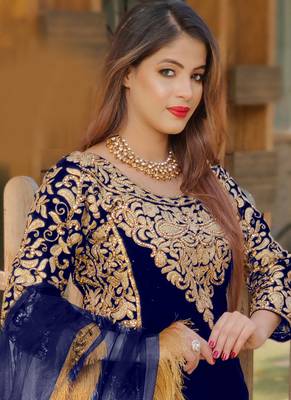 Royal-blue embroidered velvet salwar 2