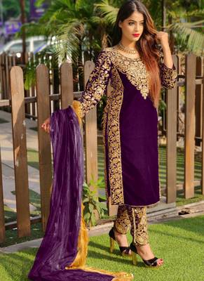 Purple embroidered velvet salwar 1