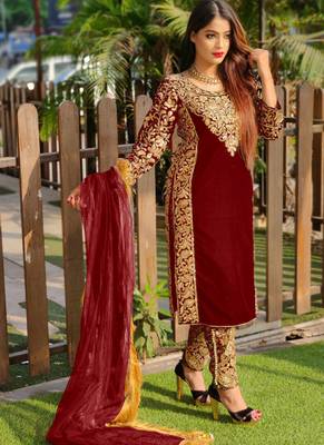 Maroon embroidered velvet salwar 1