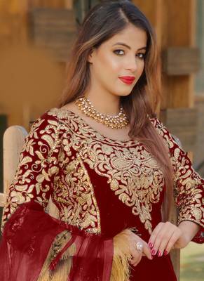 Maroon embroidered velvet salwar 2