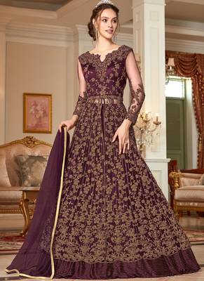 Wine embroidered net salwar 1