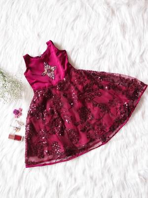 Wine - Heavy Imported Sequence Fabric All-over Kalli Patterned Gown for Girl Kids 1