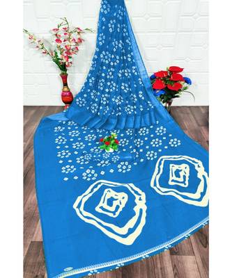 Teal Colour Linen Bandhani Printed Saree 1