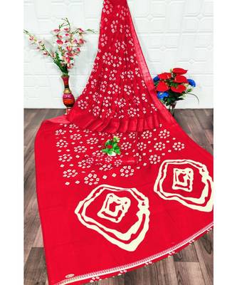 Red Colour Linen Bandhani Printed Saree 1