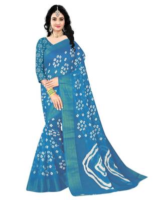 Teal Colour Linen Bandhani Printed Saree 1