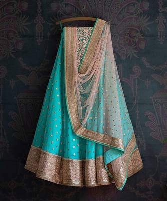aqua-blue net sequins work semi stitched half sleeve choli choli & lehenga with dupatta 1