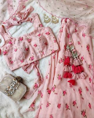 baby-pink georgette plain semi stitched half sleeve choli choli & lehenga with dupatta 1