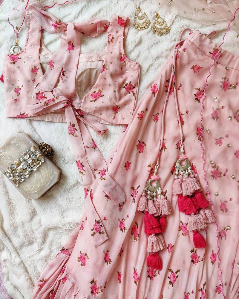 baby-pink georgette plain semi stitched half sleeve choli choli & lehenga with dupatta