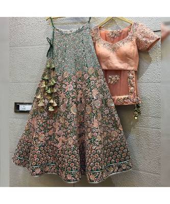 green art silk sequins work semi stitched half sleeve choli choli & lehenga with dupatta 1