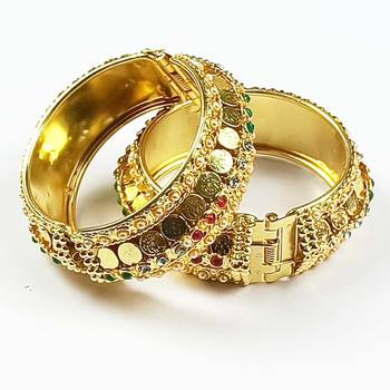 Latest Traditional Design Temple Coin With Colour Ful Stone Copper Bangle for Women 3