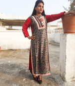 Red And Cream Colored Mashru Silk Kurti