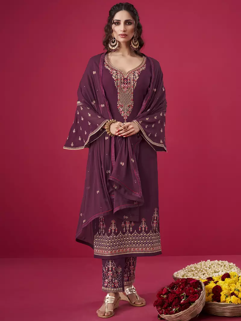 Wine embroidered georgette salwar