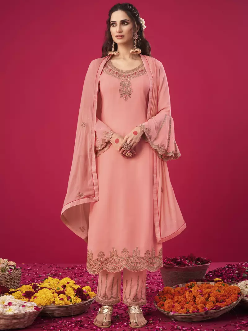 Peach embroidered georgette salwar