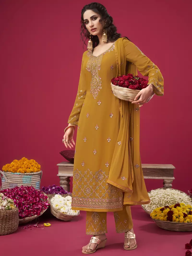 Yellow embroidered georgette salwar
