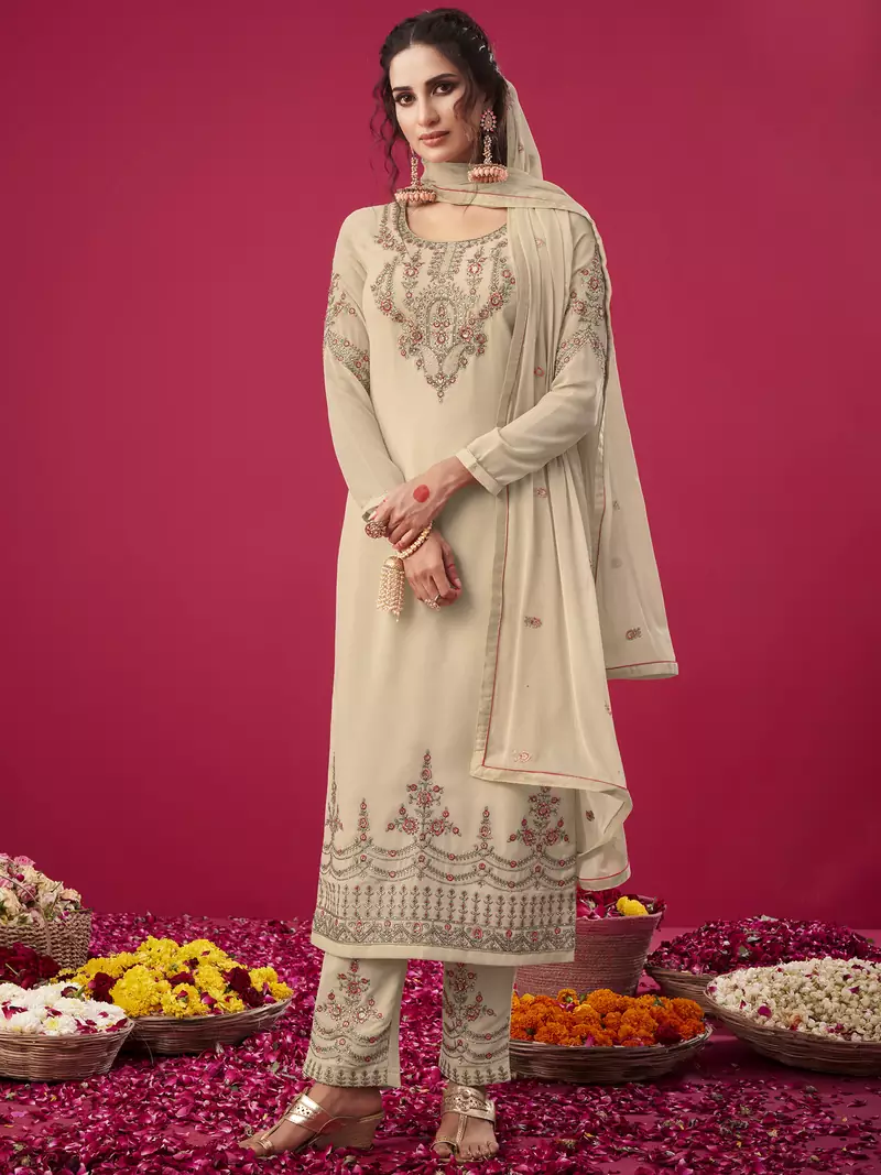 Cream embroidered georgette salwar