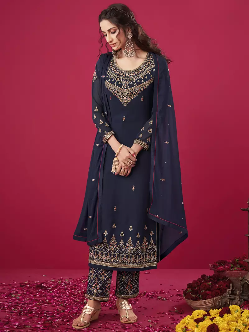 Navy blue embroidered georgette salwar