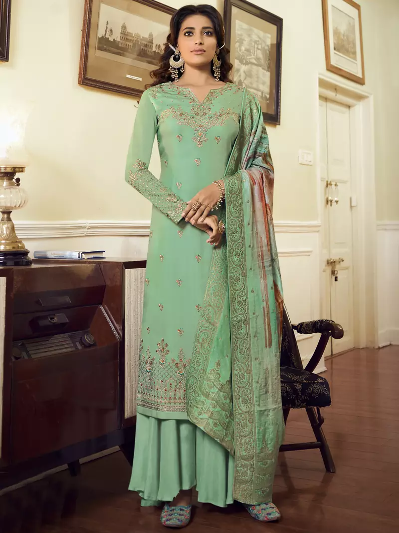 Green embroidered satin salwar