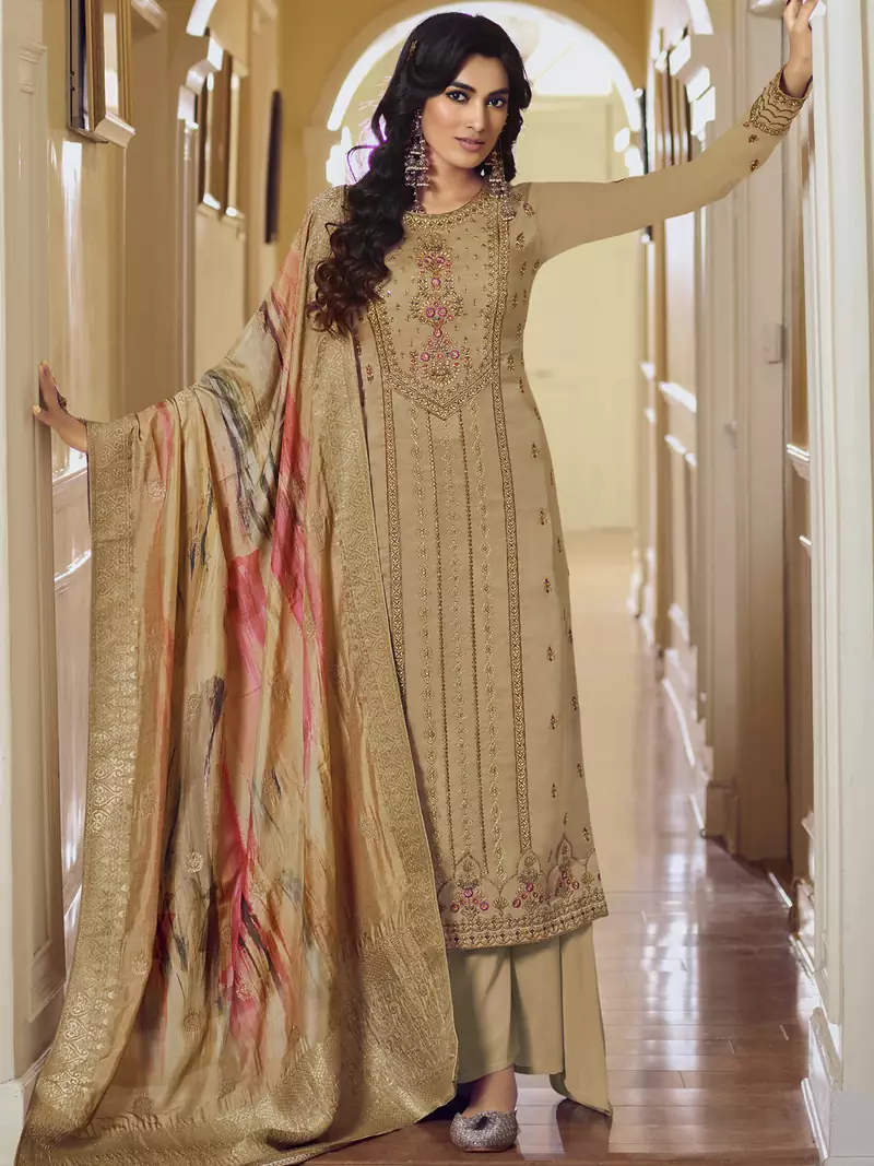 Beige embroidered satin salwar