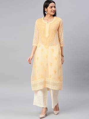 Yellow Georgette embroidered stitched  kurti 1