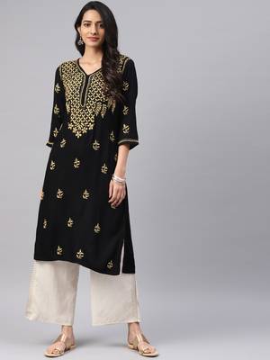 Black Rayon embroidered stitched  kurti 1