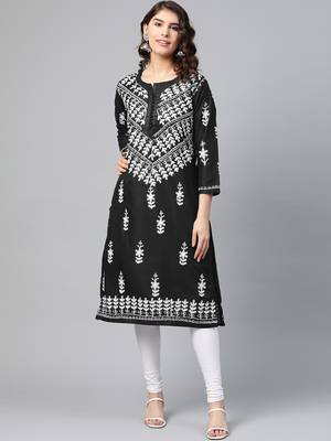 Black cotton embroidered stitched  kurti 1