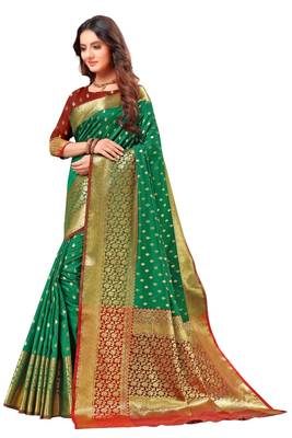 Green woven art silk saree with blouse 2