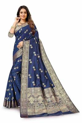 Blue woven art silk saree with blouse 2