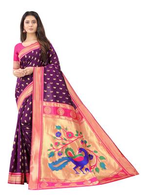 Purple woven silk blend saree with blouse 1