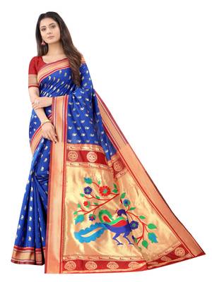 Royal blue woven silk blend saree with blouse 1