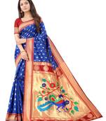 Royal blue woven silk blend saree with blouse