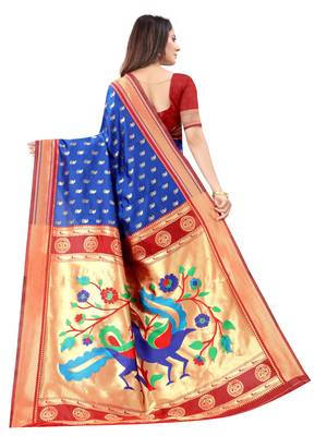 Royal blue woven silk blend saree with blouse 3