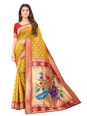 Mustard woven silk blend saree with blouse 1
