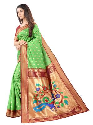 Green woven silk blend saree with blouse 2
