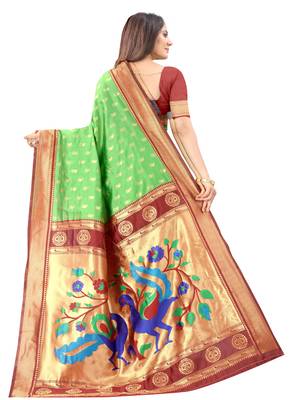 Green woven silk blend saree with blouse 3
