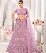 Lavender embroidered net semi stitched lehenga