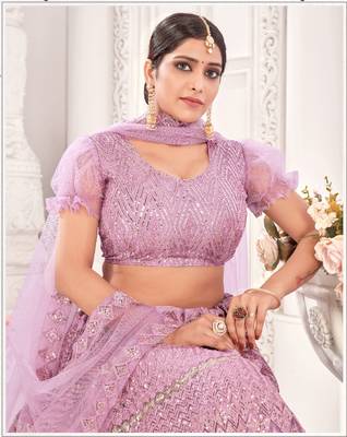 Lavender embroidered net  lehenga 5