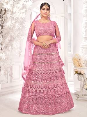 Pink embroidered net semi stitched lehenga 1