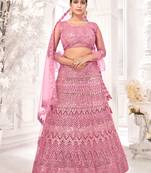 Pink embroidered net semi stitched lehenga