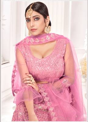 Pink embroidered net semi stitched lehenga 3